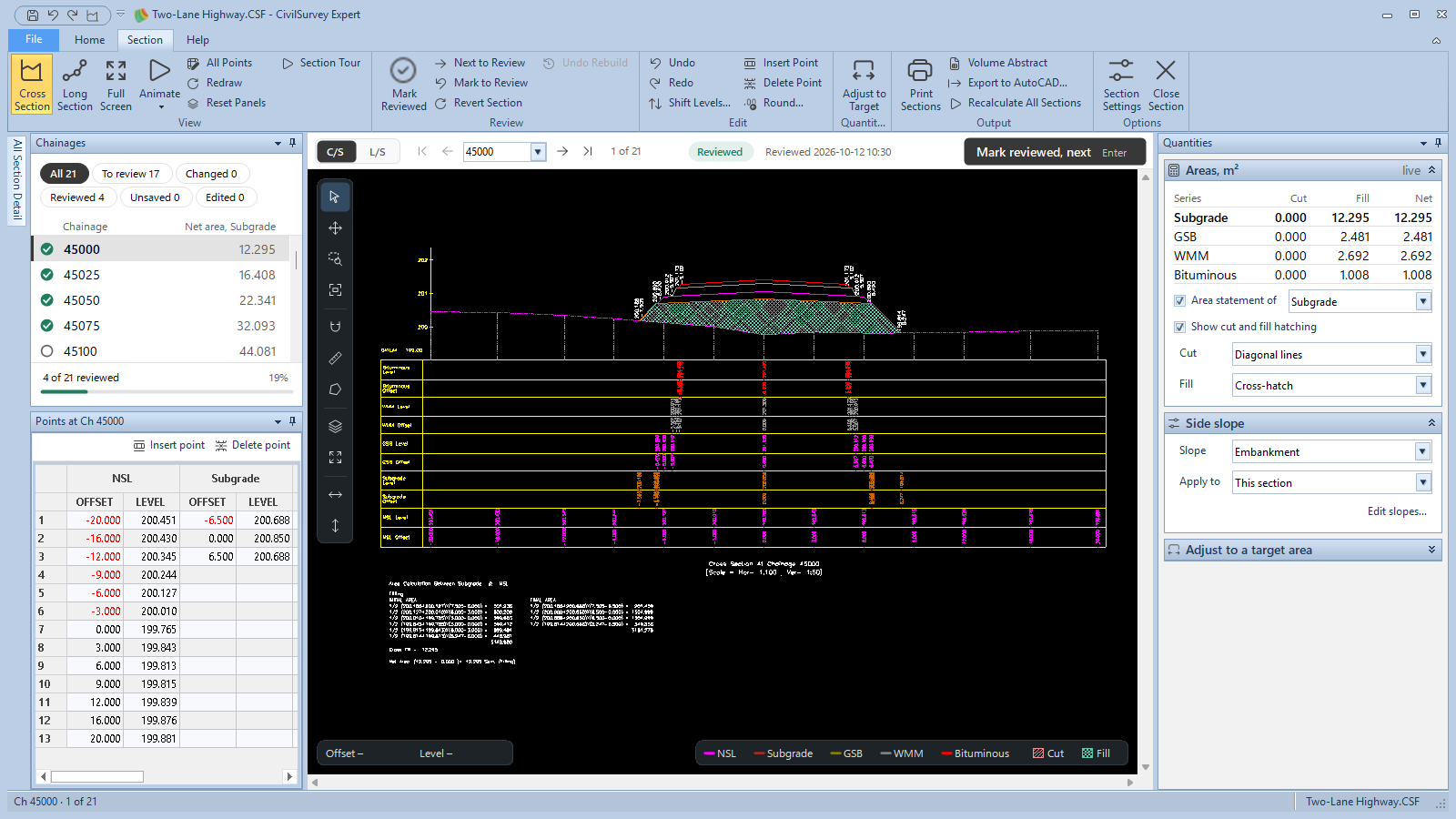 The Cross Section screen