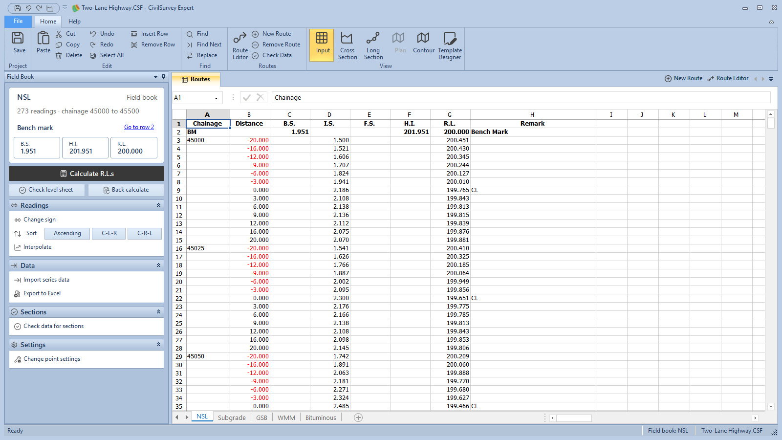 The Input screen with the NSL field book