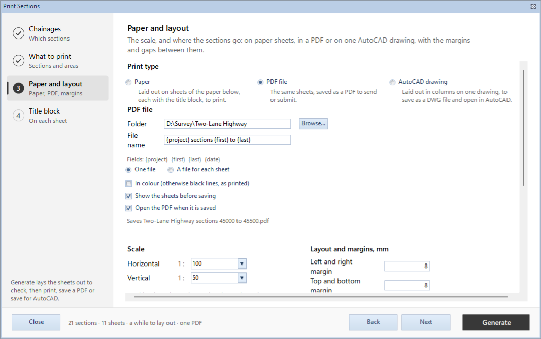 Print Sections, Paper and layout, with PDF file chosen